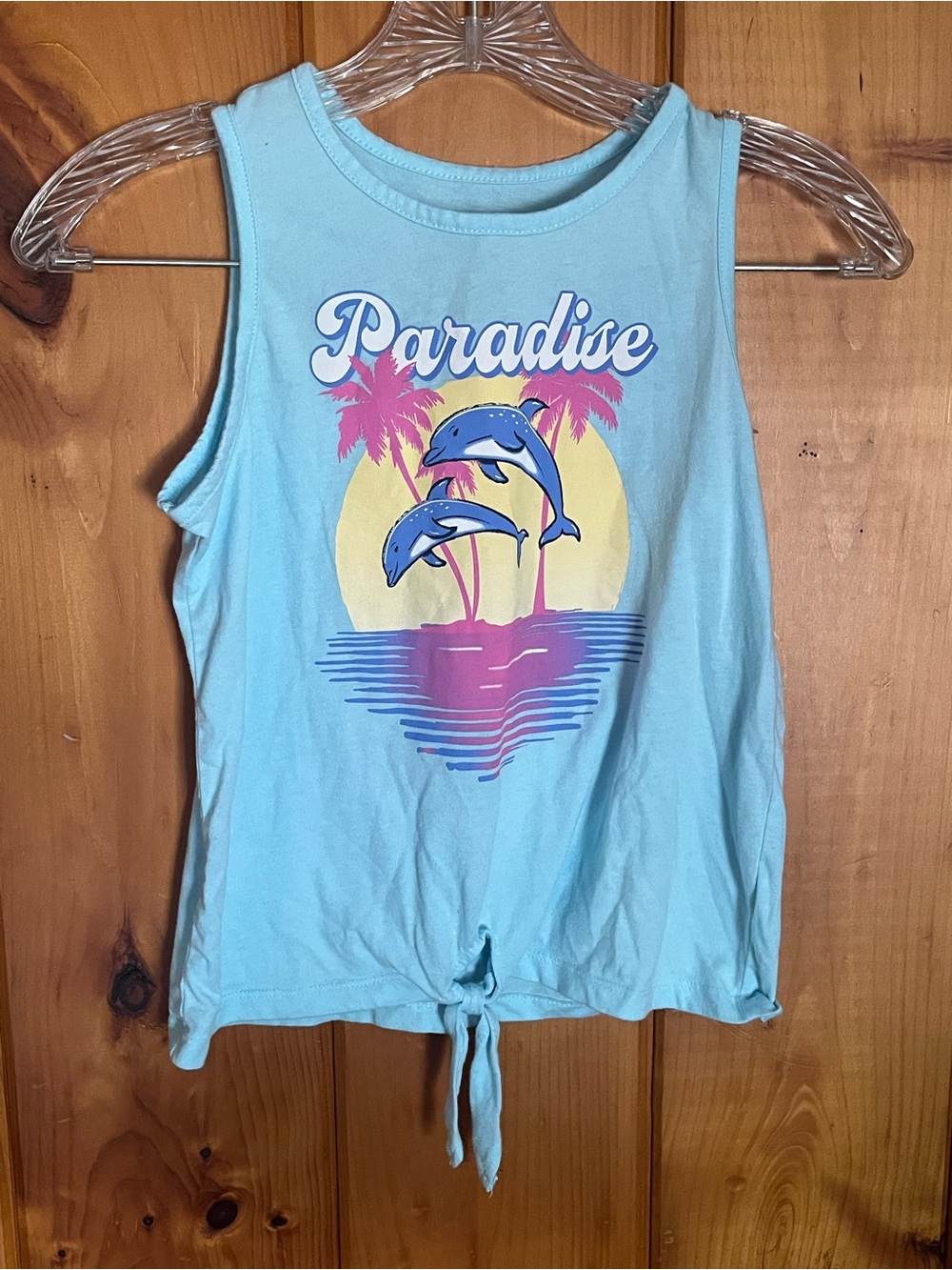 Place Light Blue Tank Top with Dolphin Paradise Graphic